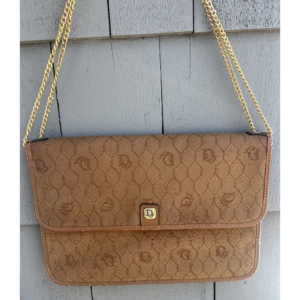 Vintage 70s Christian Dior beige Monogram Canvas leather shoulder bag gold chain